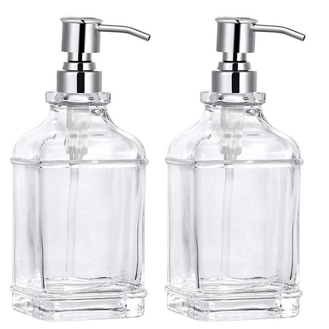 2-Pack 18 OZ Soap Dispenser, Thick Clear Glass with 304 Silver Stainless Steel Pump, Refillable Rustproof Hand Soap Dispenser with 8 Pcs Clear Stickers, for Kitchen & Bathroom (Silver)