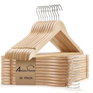 Amber Home 30 Pack Wooden Coat Hangers, Natural Wood Suit Hangers with Non Slip Pant Bar, Clothes Hangers for Shirts, Jackets, Dress, Pant (Natural, 30)