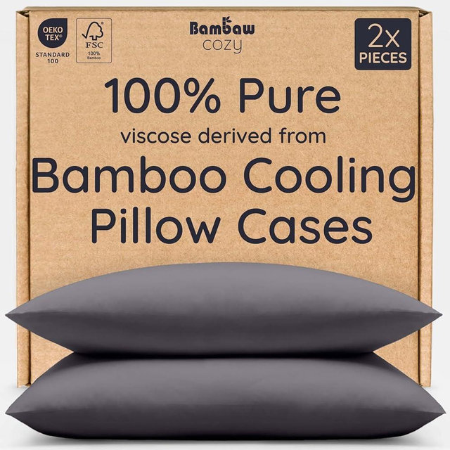 Bambaw 100% Viscose Derived from Bamboo Pillowcases Standard Size – Set of 2 Cooling Pillow Cases Standard Size, Breathable & Soft Pillow Case with Envelope Closure, Anti Acne Pillow Case (Charcoal)