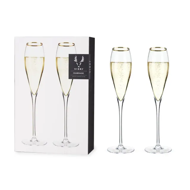Viski Gold-Rimmed Crystal Champagne Flutes Set of 2 - Premium Crystal Clear Glass, Modern Stemmed, Champagne Glass Gift Set - 8oz