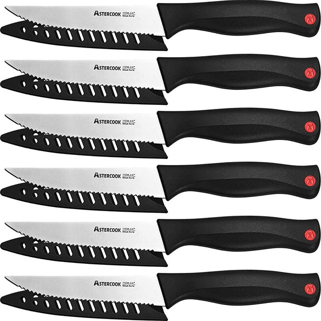 Steak Knives, Steak Knife Set of 6 with Sheath, Astercook Dishwasher Safe High Carbon Stainless Steel Steak Knife with Cover, Black