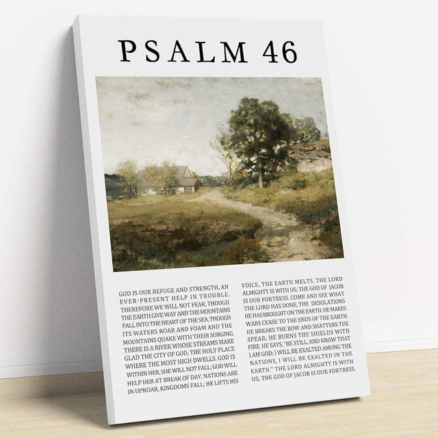 Psalm 46 Wall Art Vintage Landscape Art Prints Vintage Painting Christian Canvas Art God Is Our Refuge and Strength Wall Art Bible Verse Pictures Scripture Lds Painting for Home 16x24inch Wood Framed