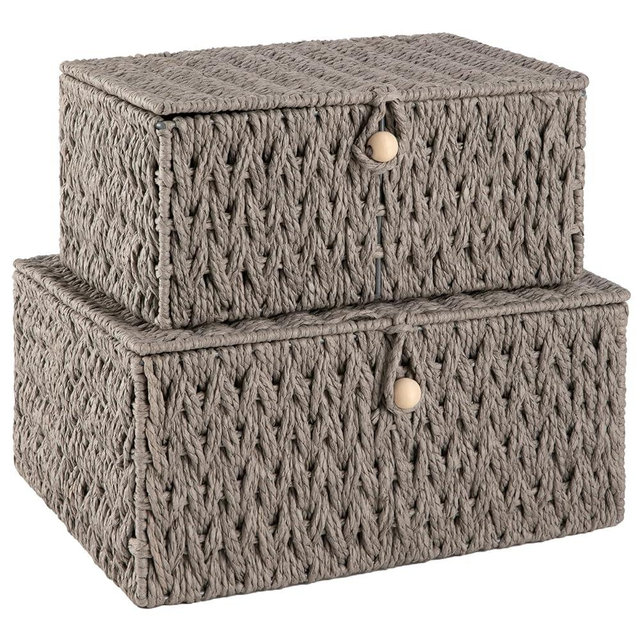 OIAHOMY Wicker Storage Basket with Lid & Lock, Lidded Storage Bins, Decorative Baskets for Organizing, Set of 2-Grey