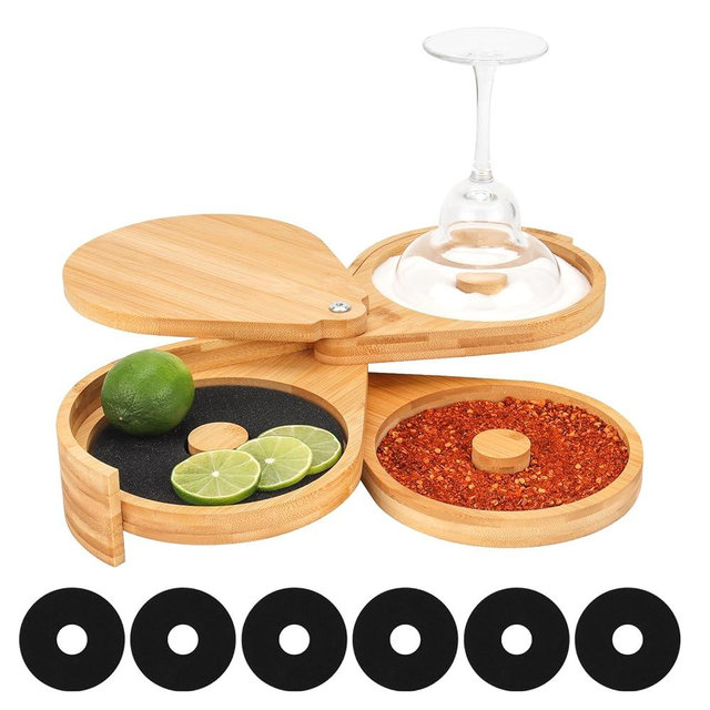 Bamboo Margarita Salt Rimmer Set – 5.5" Inner Diameter Tray – 3-Tier Rotating Glass Rimmer with 6 Sponges, Cocktail Rimmer for Salt, Sugar & Tajín, for Home Bars, Parties & Bartenders