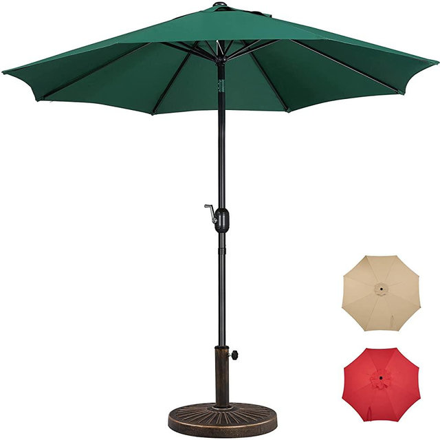 Yaheetech 9FT Garden Table Umbrella with 26.5lb Patio Umbrella Base, Patio Market Umbrella with Push Button Tilt, Crank and 8 Sturdy Ribs, Outdoor Patio Umbrella w/Base Included Heavy Duty-Dark Green