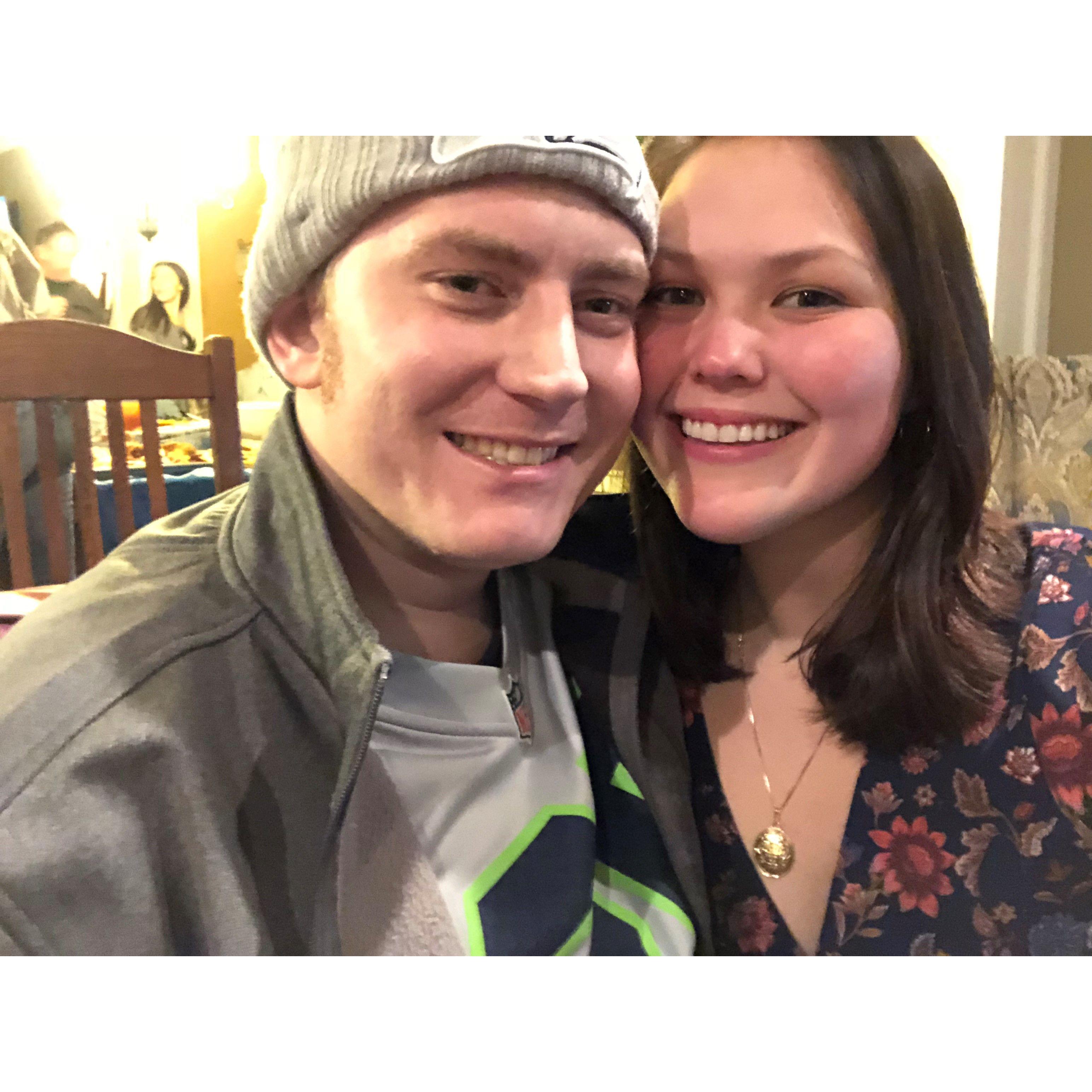 Our first picture together! This was at a Super Bowl party in 2018.