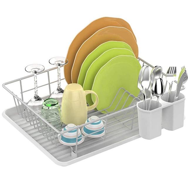 Dish Drying Rack, F-color Dish Rack with Drain Board, Utensil Holder, Anti Rust Dish Drainer for Kitchen Counter Top Dish Rack Wire Holder, White, 16.5 x 12.4 x 4.3 inch
