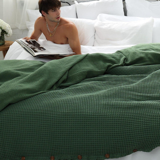 Waffle Duvet Cover, Forest Green Double Sided Organic Bedding, Organic Muslin + Waffle Duvet, Waffle Bedspread, Christmas Gift