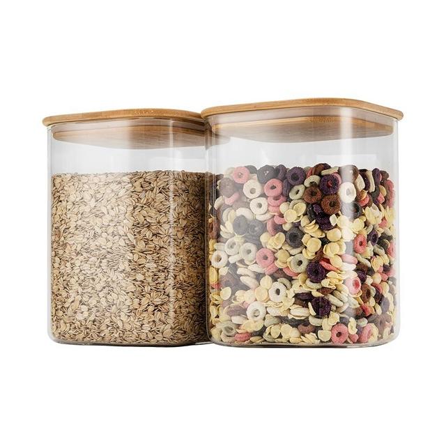 D2scrma 122oz Airtight Glass Square Storage Canister with Bamboo Lid Set of 2(3600ml*2) Large Storage Container Gallon Glass Jars, for Sugar, Flour, and Coffee bean (with Black Lable)