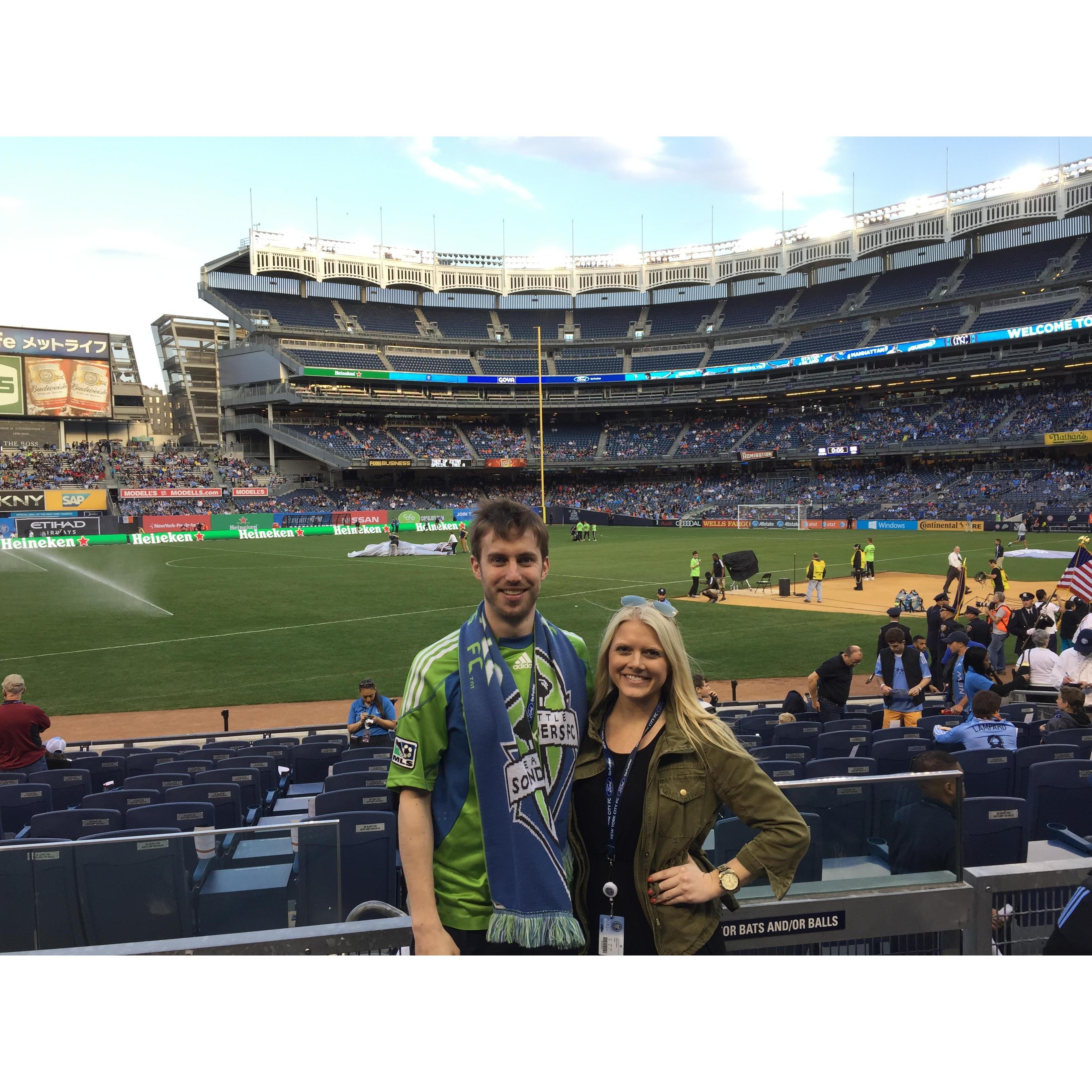 Supporting Seattle Sounders vs. NYCFC at Yankee Stadium (Apr 2015)