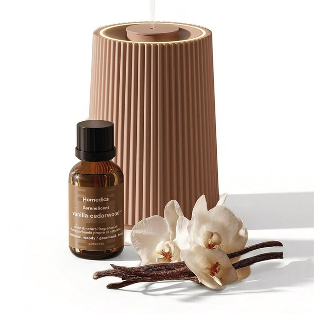 Homedics Waterless Essential Oil Diffuser with 15ml Vanilla Cedarwood Fragrance Oil. SereneScent Cordless Cold Air Scent Diffuser Starter Kit with Ambient Light, Studio 671 (Terracotta)