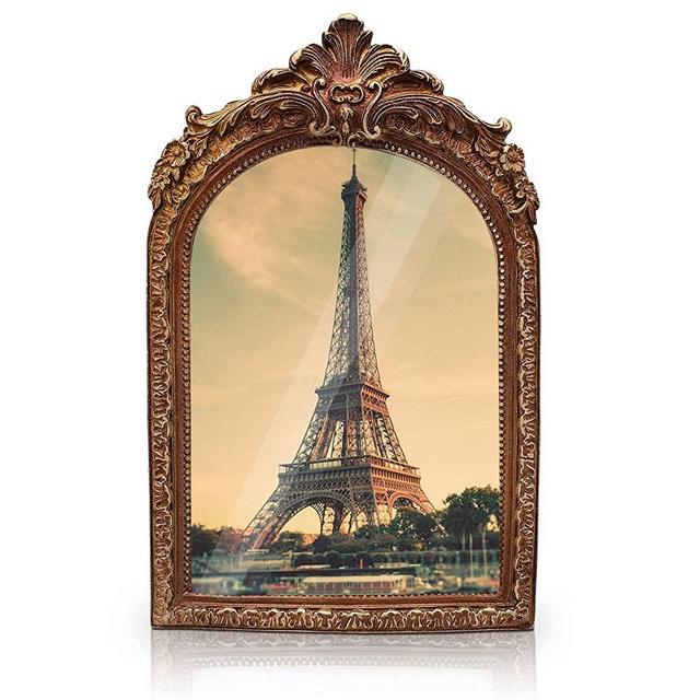 Virtual Unique Vintage Picture Frame - Ornate Antique-Style Frame for 5x7" Photos - Victorian Decorations for Old-Fashioned Home, Living Room, Bedroom & Office - Bronze Gold Metal & Clear Glass Front