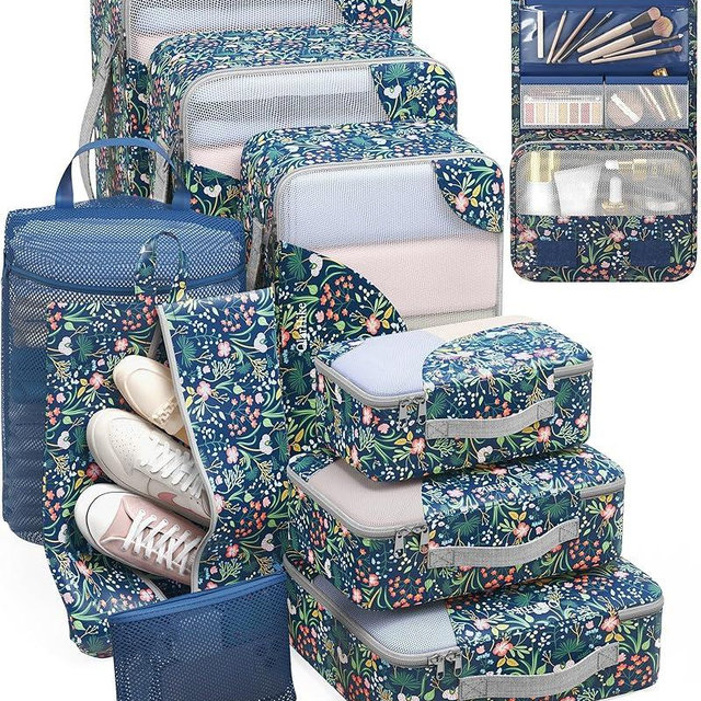 ALL INCLUDED 10 Set Durable Packing Cubes for Suitcases,OlarHike Essentials for Travel,UPGRADED Anti-Tear Stitching, NEW Improved Luggage Packing Organizers for Travel Accessories (Dark Blue Floral)