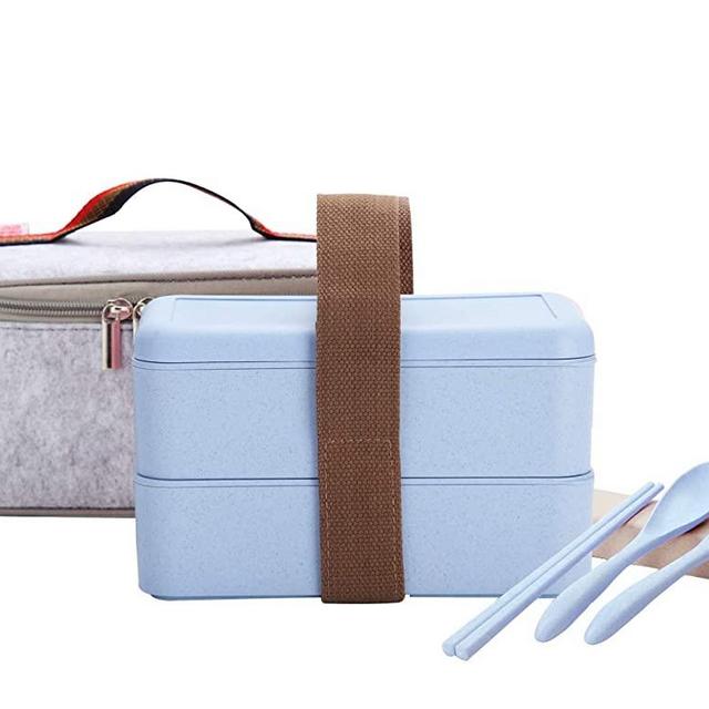 Japanese Bento Box, Arderlive Stackable Wheat Straw Portable Leakproof Lunch Box with Lunch Bag & Portable Utensil, All-in-one Eco-friendly Food Storage Container .(Blue)