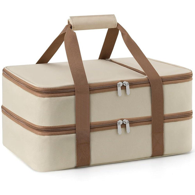 MIAOJIE Double Insulated Casserole Carrier for Hot or Cold Food,Pie Carrier Bag Lunch Tote for Potluck Parties/Picnic/Cookouts, Fits 9"x13" Baking Dish, Beige