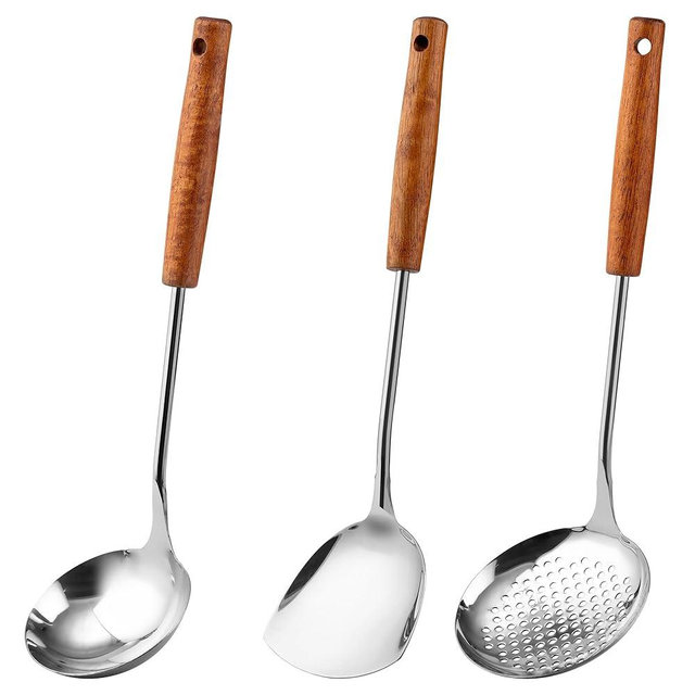 FJNATINH Wok Spatula - Ladle - Skimmer - Stainless Steel Wok Tools,Wok Utensil,Mirror Polished Stainless Steel Cooking Utensils 14.6-15.2" Kitchen Utensils Cookware, Pack of 3