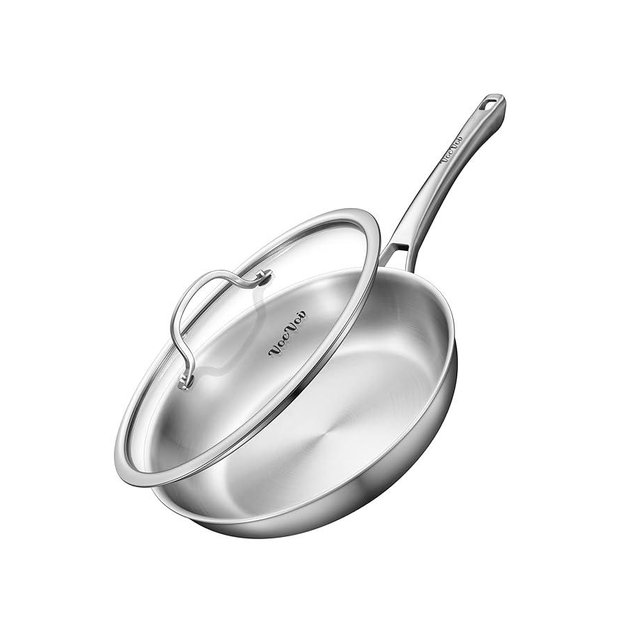 VocVoi 12 inch Tri-Ply Stainless Steel Frying Pan with LID,PFOA&PTFE Free Skillets,Chef's Pans,Dishwasher and Oven Safe Cookware, Works on Induction,Ceramic and Gas Cooktops