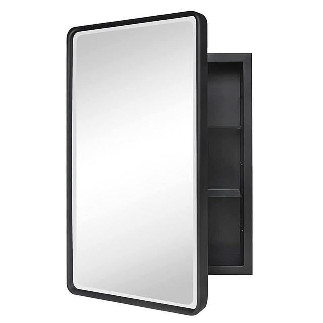 TEHOME Farmhouse Black Metal Framed Recessed Bathroom Medicine Cabinet with Mirror Rounded Rectangle Tilting Beveled Vanity Mirros for Wall 16x24 inch