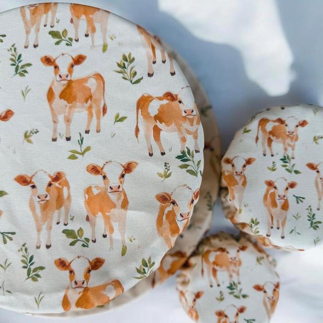 (4-Pack) Sourdough Reuseable Jar & Bowl Covers | Cute Baking Gift | 100% Cotton | Washable | Bread Proofing | Kitchen Food Storage Gifting | Starter Cover Lid Kit (Jersey Cow)