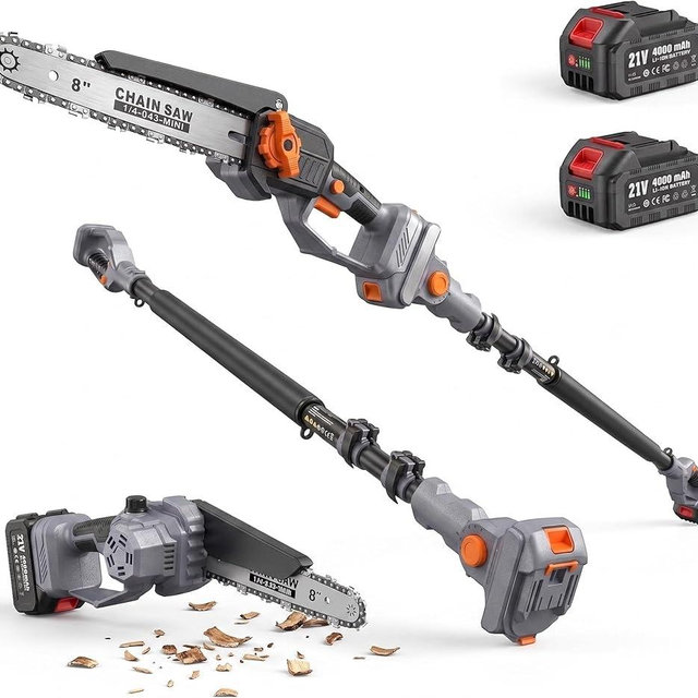 TaskStar 2-in-1 Pole Saw for Tree Trimming, 8-Inch Cordless Brushless Chainsaw with Adjustable Extension Pole, 2×4.0Ah Rechargeable Batteries & Charger, Auto Oiling, 15 Ft Max Reach