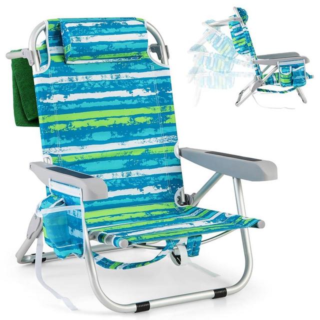 Giantex Backpack Beach Chair, Foldable Camping Chair with 5 Adjustable Position, Cup Holder, Side Pockets, Straps, Towel Bar, 330lbs Capacity, Low Beach Lounge, Lay Flat Lawn Chairs for Patio Outdoor