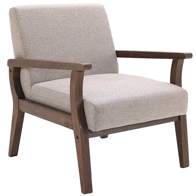 Mid Century Armchair with Hardwood Frames, Linen Upholstered Living Room Chair, for Living Room Bedroom, Light Grey