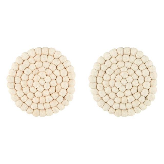 Mud Pie Felted Wool Trivet, Small 5" x 4" Dia | Large 6 1/2" x 4 1/4" Dia, White (Pack of 2)