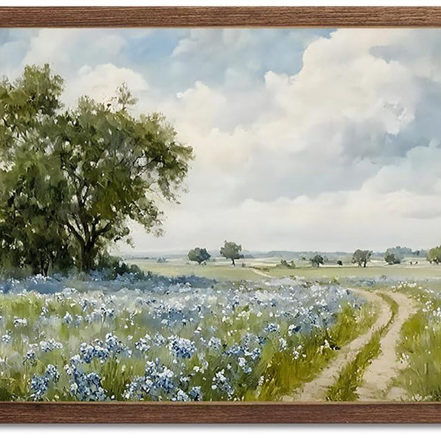 Nature Vintage Preppy Blue Wildflower Pathway Wall Art Prints Landscape Oil Painting Style Gift Posters Canvas Field Tree Artwork for Bathroom Living Room Bedroom Office Home Decor12x16In Wood Framed
