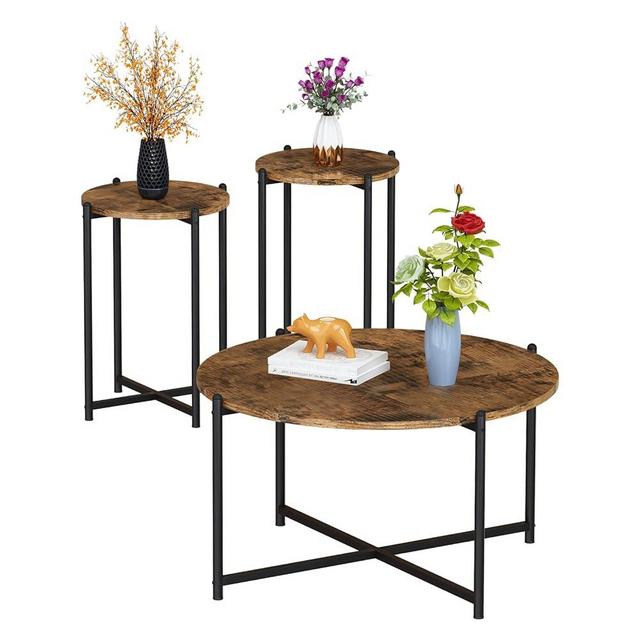 Recaceik Living Room Coffee Table Set, Rustic Brown Living Room Table Set of 3 Modern Round Center Table with Metal Legs, Round Coffee Table & 2 End Tables for Living Room