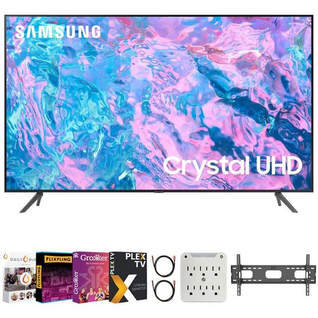 SAMSUNG UN43CU7000 43 inch Crystal UHD 4K Smart TV Bundle with Premiere Movies Streaming + 37-100 Inch TV Wall Mount + 6-Outlet Surge Adapter + 2X 6FT 4K HDMI 2.0 Cable (2023 Model)