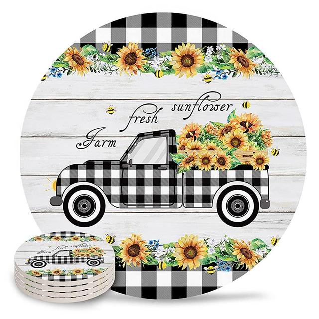 Homewarm Set of 4 Black Buffalo Plaid Ceramic Coasters for Drinks, Summer Sunflowers on the Truck Absorbent Heat-Resistant Ceramic Stone Cups Coaster with Non-slip Cork Base, Home Office Table Decor