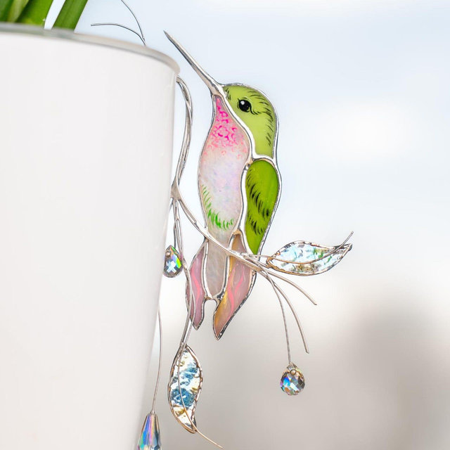 Plant stakes stained glass hummingbird suncatcher - Christmas gift - House warming gift - Garden stakes crystal suncatcher - Birthday gift