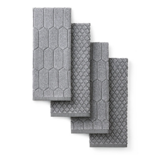 MARTHA STEWART Honeycomb Chambray Textured Kitchen Towel 4-Pack Set, 100% Cotton with Absorbent Terrycloth, Decorative Kitchen Towels, Grey, 16"x28"