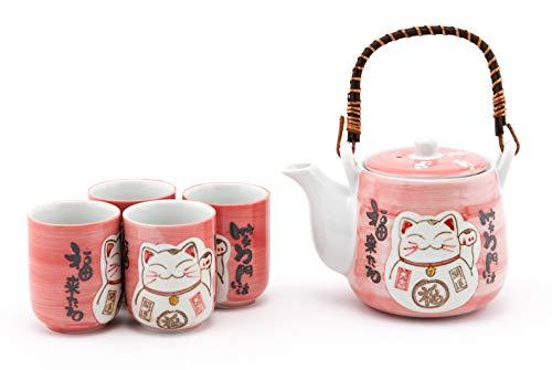 Hinomaru Collection Japanese Maneki Neko Lucky Cat Kitten Design Tea Set Ceramic Teapot with Strainer, Rattan Handle and 4 Tea Cups