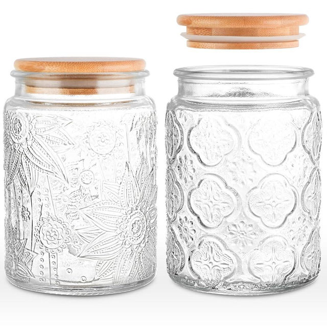 GUEQUITLEX Vintage Glass Jar with Lid, 24oz Food Storage Containers 2 Pack Clear Mason Jars With Airtight Lid for Kitchen Counter,Food Storage, Dry Food, Snacks, Candies, DIY Projects