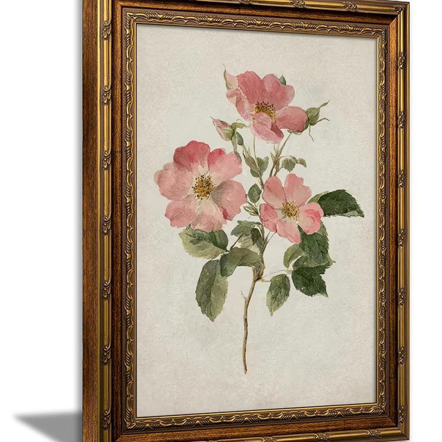 Vintage Gold Framed June Birth Flower Wall Art, Vintage Pink Rose Flowers Canvas Prints, Pink Floral Picture Wall Decor, Rose Botanical Poster Artwork for Living Room Bedroom Birthday Gift 9x11in