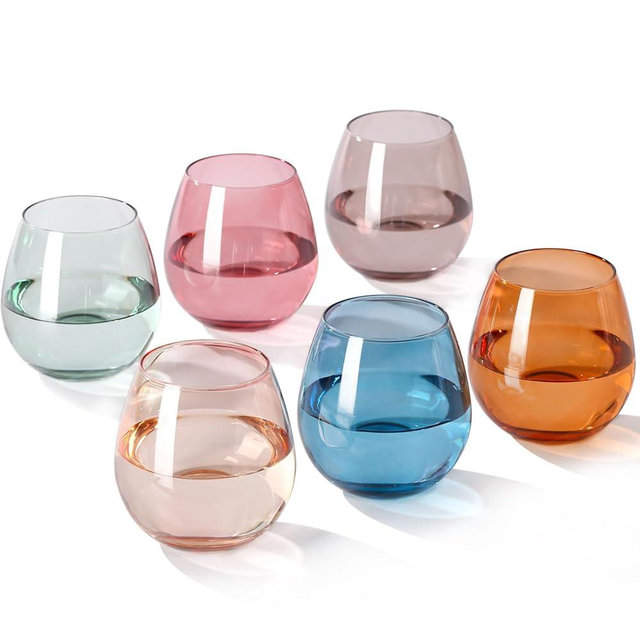 Colored Stemless Wine Glasses Set of 6-15 oz -Modern Hand-Blown Wine Glasses, European Design Crystal Glass For Red & White Wine, Unique Gifts for Wedding, Birthday，Father's Day (Multicolor)