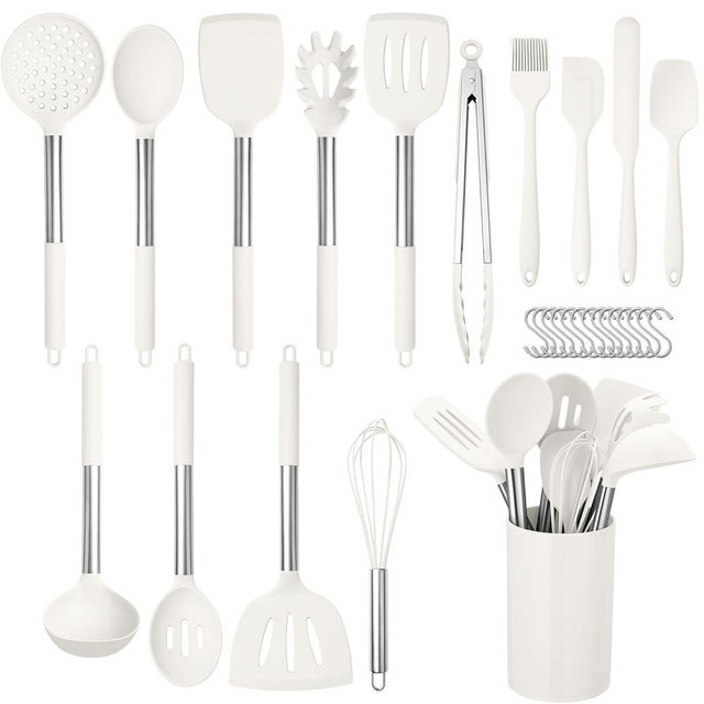 HaWare 29 PCS Silicone Cooking Utensils Set, Heat Resistant Kitchen Utensils Set with Stainless Steel Handle, Spatula Sets with Holder and Hooks, Kitchen Tools Gadgets for Nonstick Cookware -White