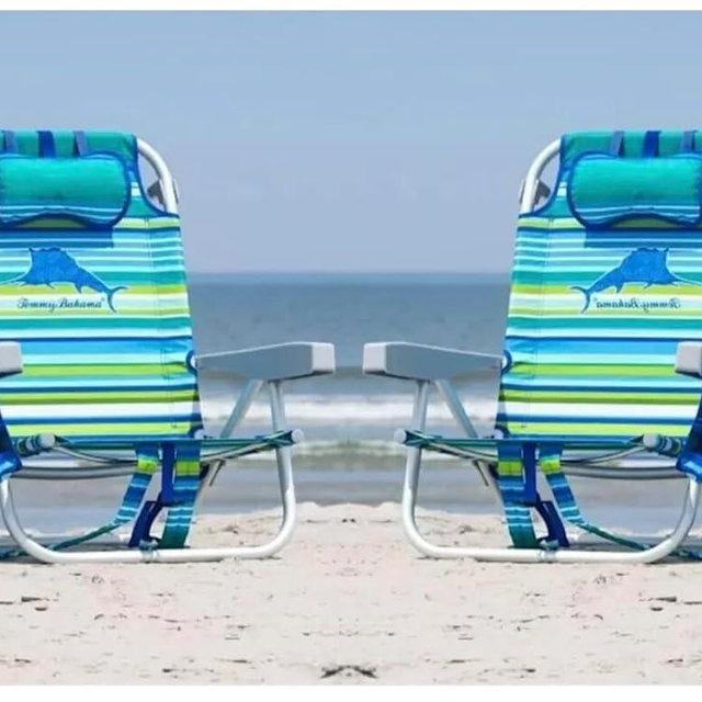 Tommy Bahama 5 Position Beach Chair, Towel Bar, Pillow for Extra Comfort, Heavy-Duty Weight Capacity,Safety Locking Hinges on Rear Legs, 2-Pack (Aqua Stripes)