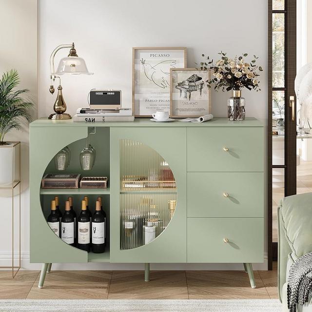 FACBOTALL Coffee Bar Cabinet with Fluted Glass Door, Modern Cream Style Buffet Sideboard with Wine Glass Rack, Chest of Drawer Buffet Cabinet with Storage for Living Room, Green