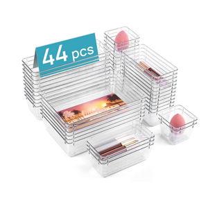 Vtopmart 44 PCS Clear Plastic Drawer Organizers Set, 4-Size Versatile Bathroom and Vanity Organizer Trays, Non-Slip Storage Containers for Makeup, Jewelries, Bedroom，Kitchen Utensils and Office