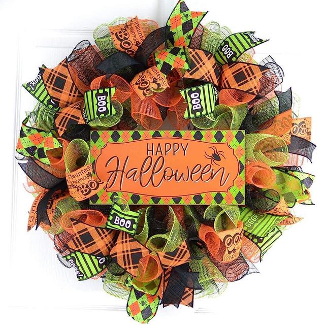 Happy Halloween Wreaths | Mesh Outdoor Front Door Wreath; Black Orange Purple Lime Green
