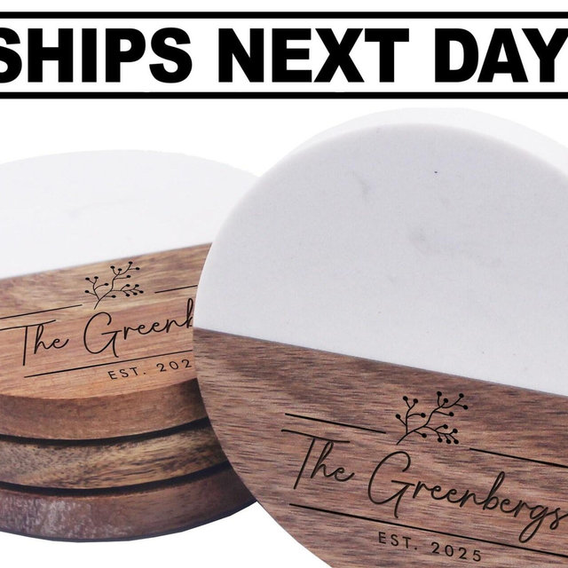 Marble and Acacia Coasters for Drinks - Couples Coasters - Personalized Marble and Wood Coasters - Wedding Coasters Marble Round