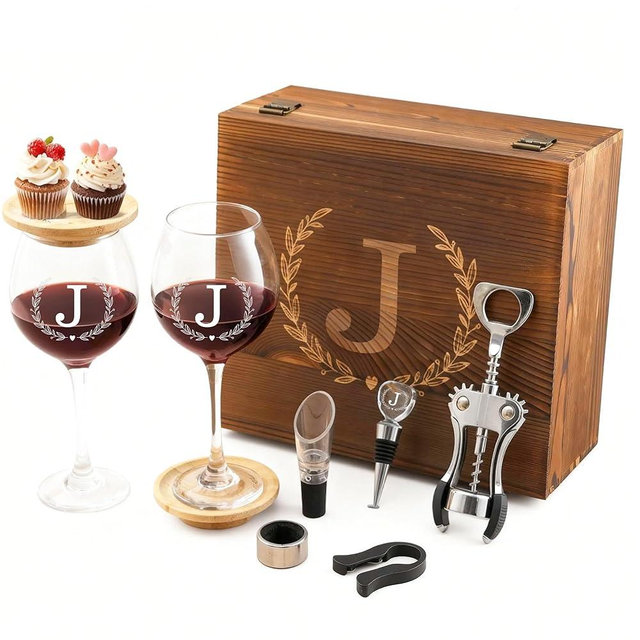 GZLDGIFTS Personalized Initial Wine Glasses Box Gift Set For Women Mom Engraved Birthday Monogrammed Wooden Christmas Gifts Wedding Anniversary Wine Couples Stopper Opener Initial Letterr (J Set)