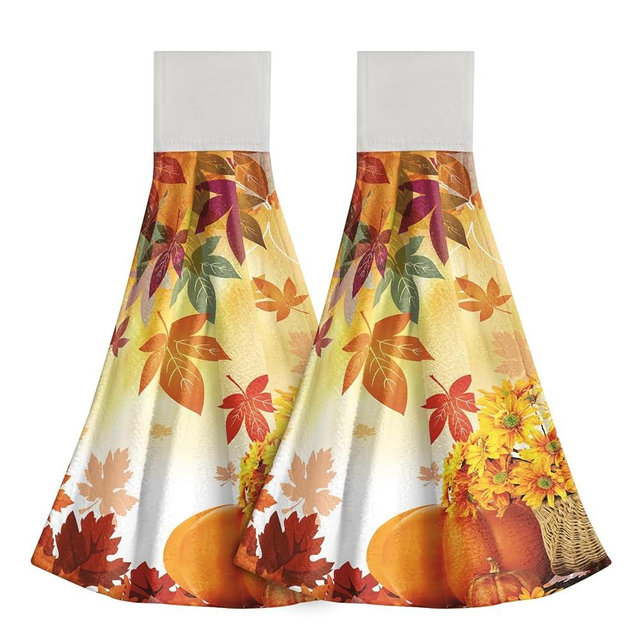 Autumn Pumpkin Kitchen Hanging Towel Set of 2 Fall Maple Leaves Hanging Tie Towels with Loop & Hook Yellow Orange Sunflower Dish Towel Thanksgiving Fast Drying Washcloth for Bathroom Home Decor