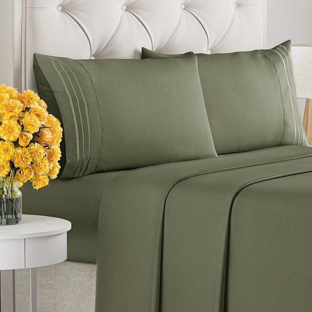Queen Size 4 Piece Sheet Set - Extra Soft, Breathable & Cooling Sheets - Hotel Luxury Durable Bed Sheets for Women & Men - Deep Pockets, Easy-Fit & Wrinkle-Free Sheets - Deep Olive Oeko-Tex Bed Sheets