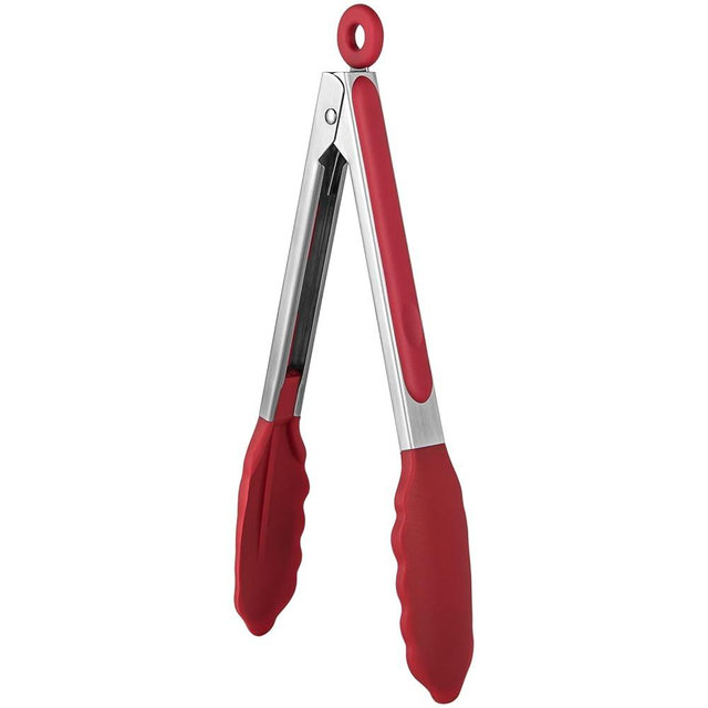 600℉ Heat Resistant Kitchen Tongs: U-Taste 9 inch Silicone Cooking Tong with Firm Sealed Non Stick Rubber Tips & Silicon Coated 18/8 Stainless Steel Handle & Smooth Locking for Serving Salad (Red)