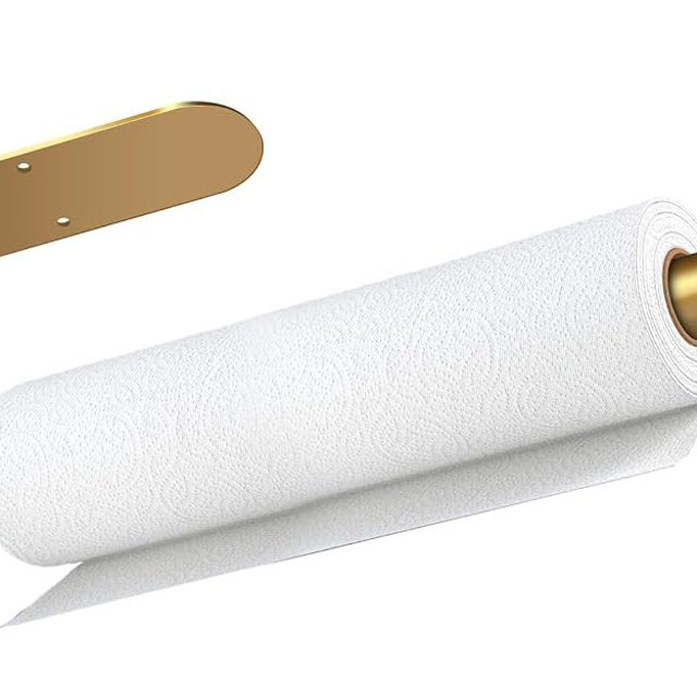 Paper Towel Holder, Self Adhesive or Drilling Paper Towel Holder Under Cabinet, Stainless Steel Paper Towel Holders Wall Mount for Kitchen, Bathroom, Sink, Pantry, Fridge (Gold)