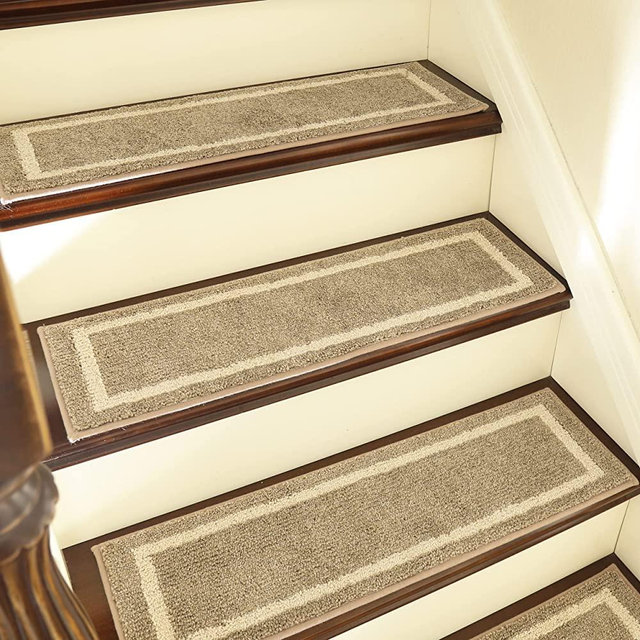 COSY HOMEER Soft Stair Treads Non-Slip Carpet Mat 28inX9in Indoor Stair Runners for Wooden Steps,Stair Rugs for Kids and Dogs, 100% Polyester TPE Backing 15pcs,Beige,Square