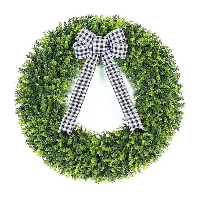 Vlorart 32" Faux Round Boxwood Wreath, Artificial Large Boxwood Wreath Front Door Wreaths Artificial Spring Summer Greenery Hanging with A Plaid Bow for Villa Wall Hanging Window Wedding Party Decor